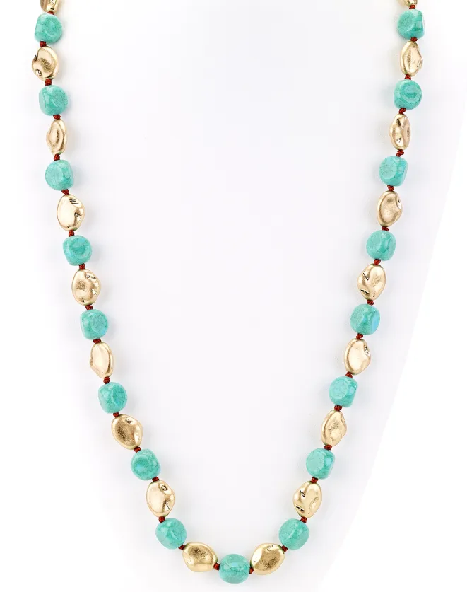 Turquoise and Gold Nugget Beaded Long Necklace