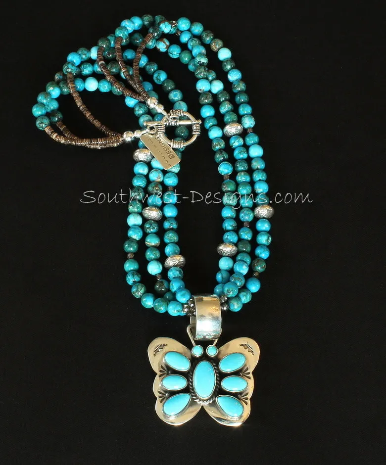 Turquoise and Sterling Silver Butterfly Pendant with 3 Strands of Turquoise Rounds, Fire Polished Glass, Olive Shell Heishi and Sterling Silver