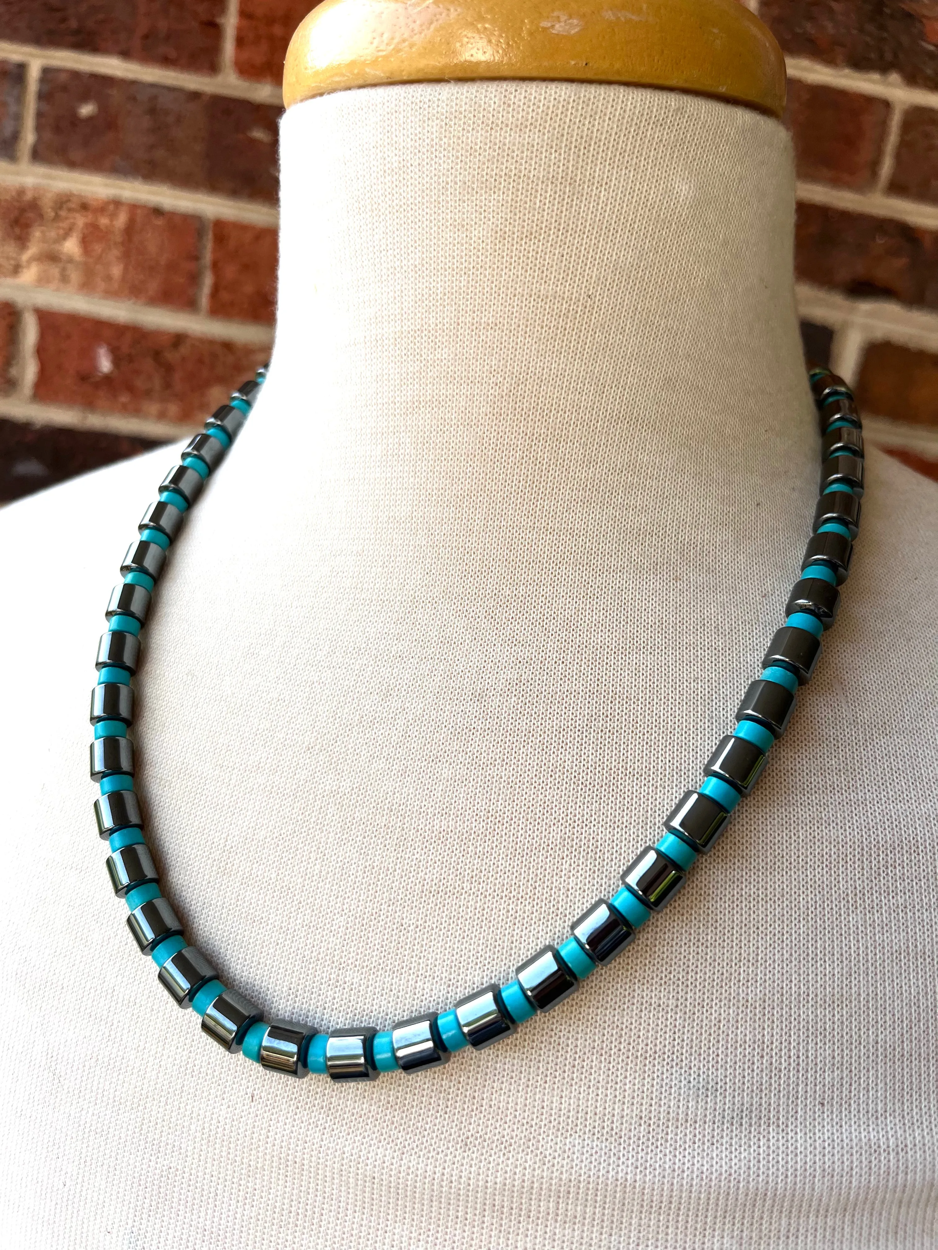 Turquoise Blue Gray Hematite Magnesite Stone Beaded Mens Necklace - Samson