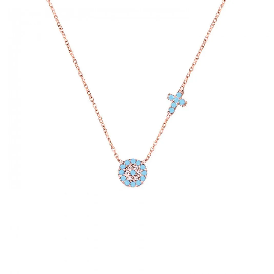 Turquoise Eye and Cross Necklace Rose Gold Pl 925