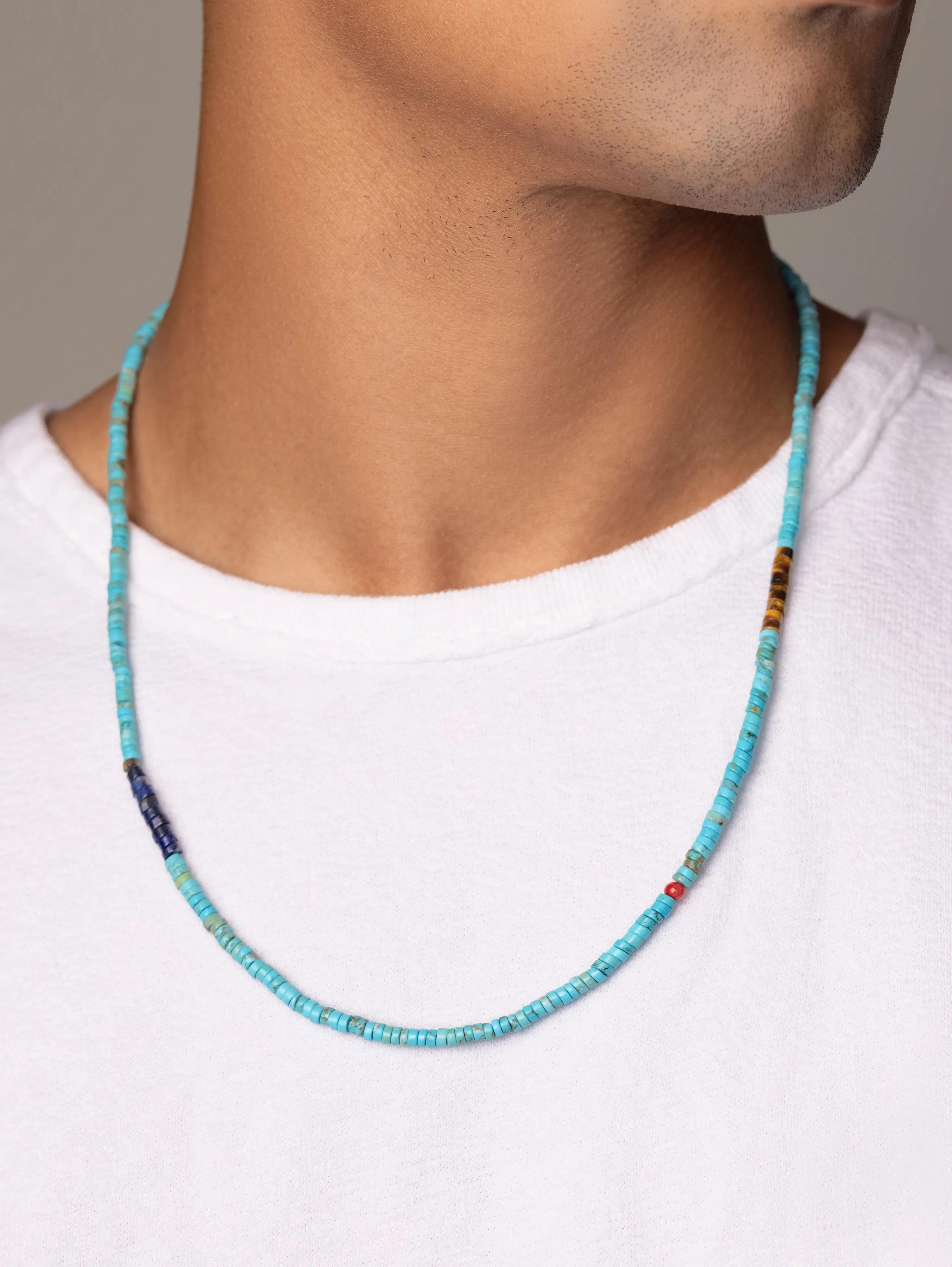 Turquoise Heishi Necklace with Tiger Eye and Blue Lapis