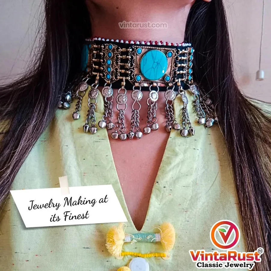 Turquoise Kuchi  with Stones and Silver Beads Choker