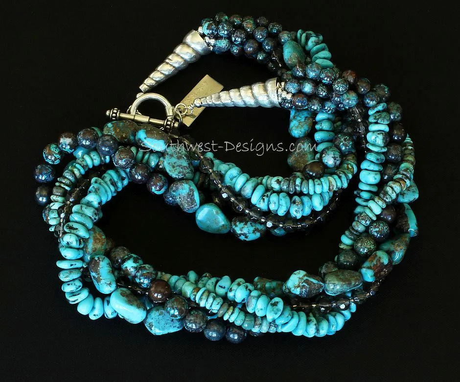 Turquoise, Shattuckite and Faceted Glass 5-Strand Twist Necklace with Sterling Silver Coiled Cones and Toggle Clasp