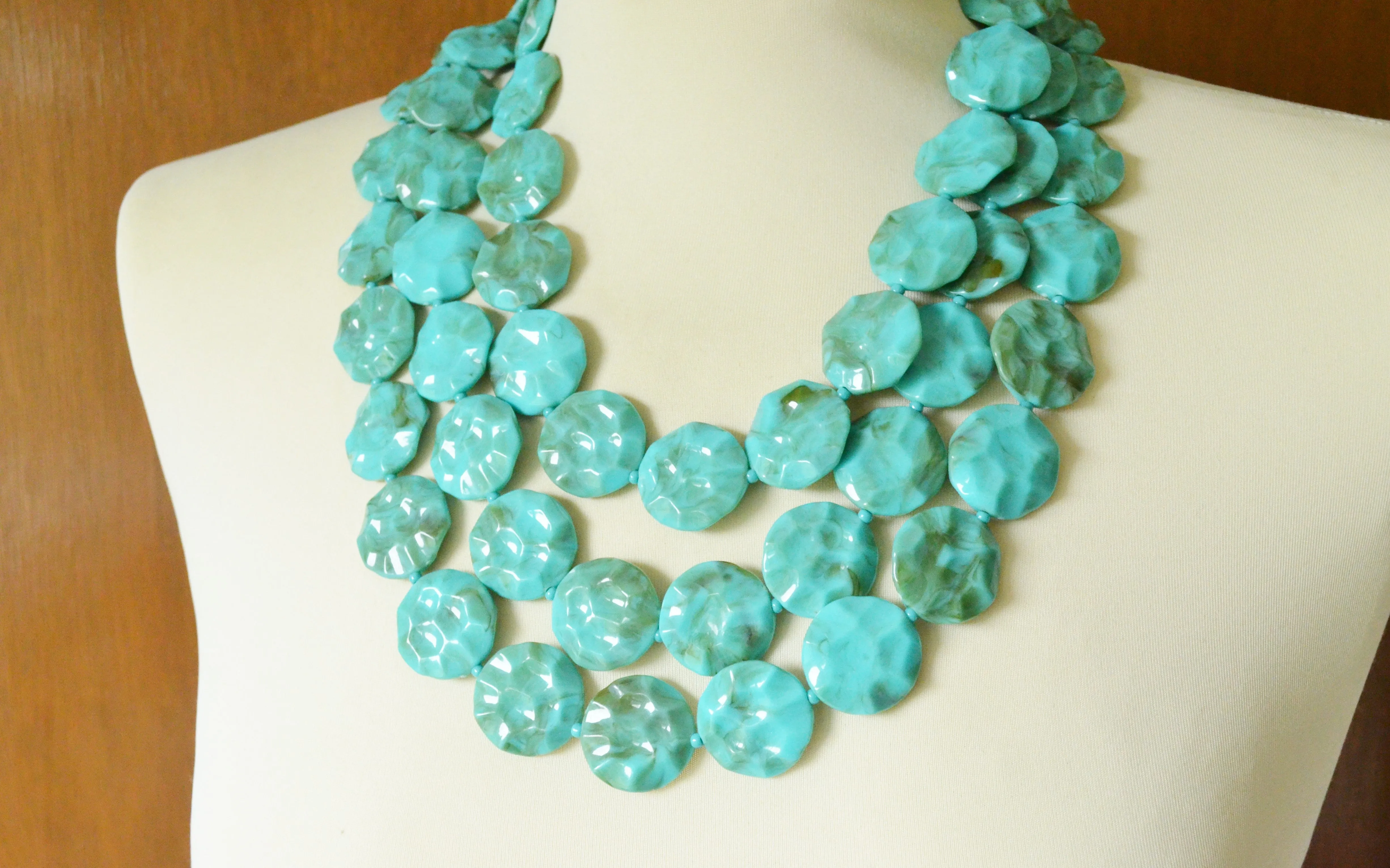 Turquoise Statement Acrylic Bead Lucite Chunky Multi Strand Necklace - Charlotte