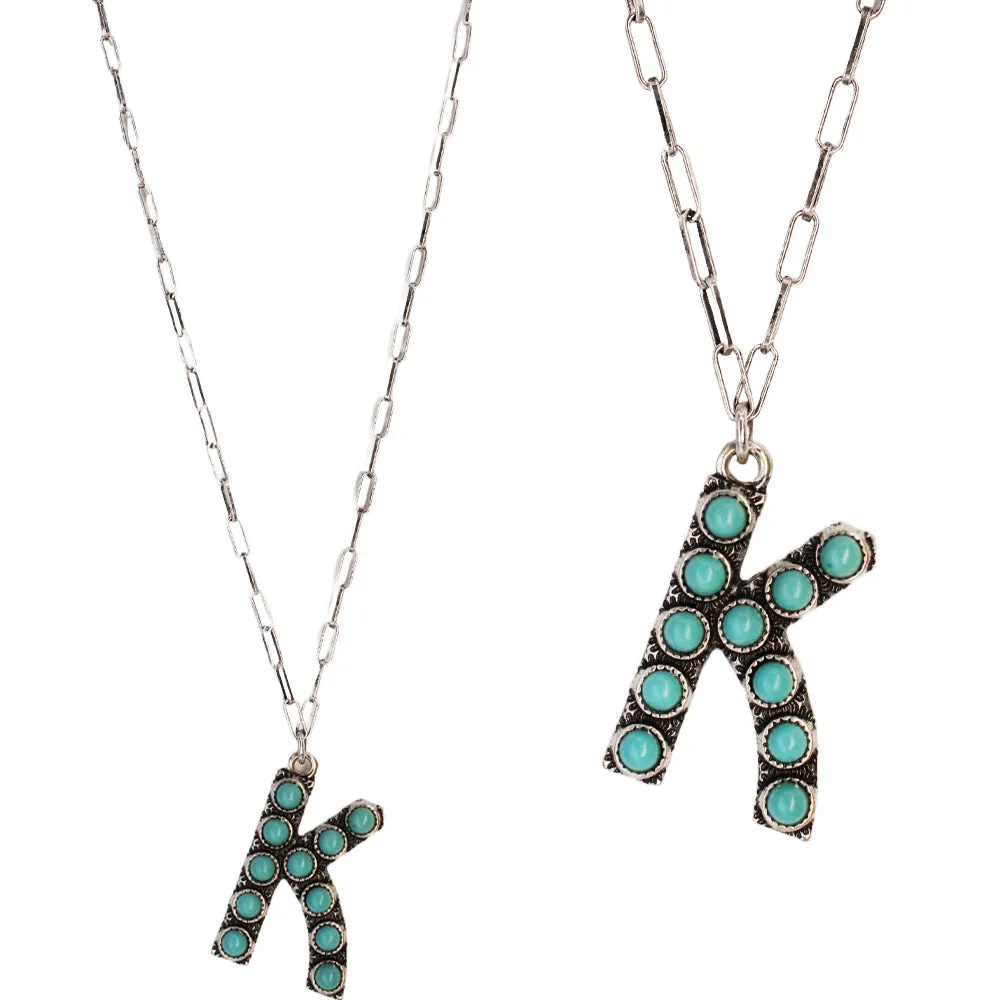 Turquoise Stone Initial "K" Pendant & Chain Link Necklace