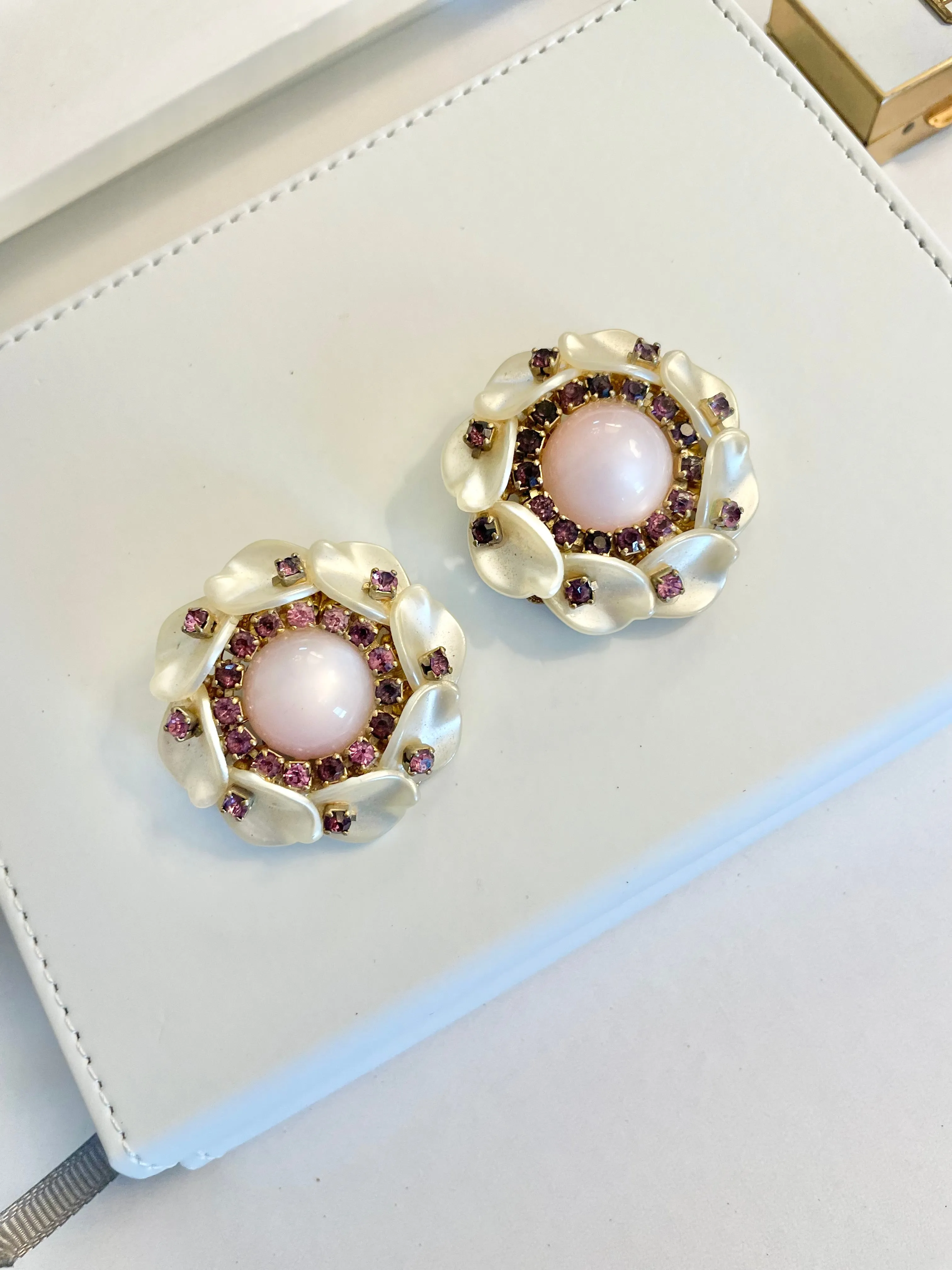 Vintage 1960's feminine, soft pink faux moonstone clip earrings, dusted with purple glass stones.. so divine