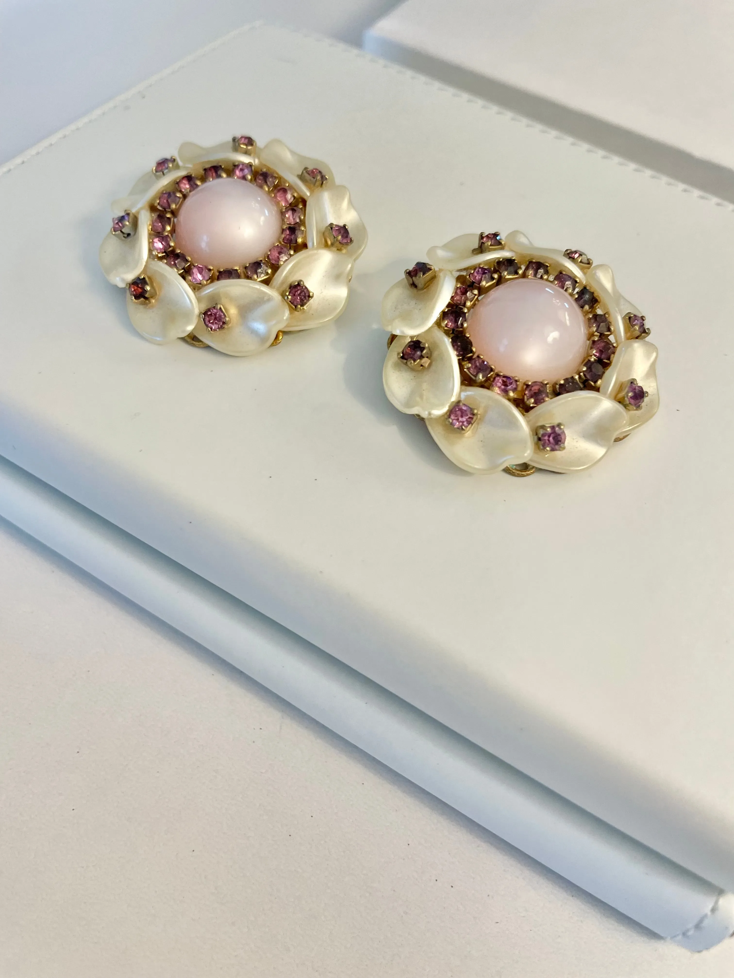 Vintage 1960's feminine, soft pink faux moonstone clip earrings, dusted with purple glass stones.. so divine