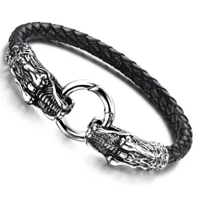 Vintage Fashion Black Leather Bracelet Antique Silver Plated Chinese Dragon Bracelet Men Jewelry Wristbands