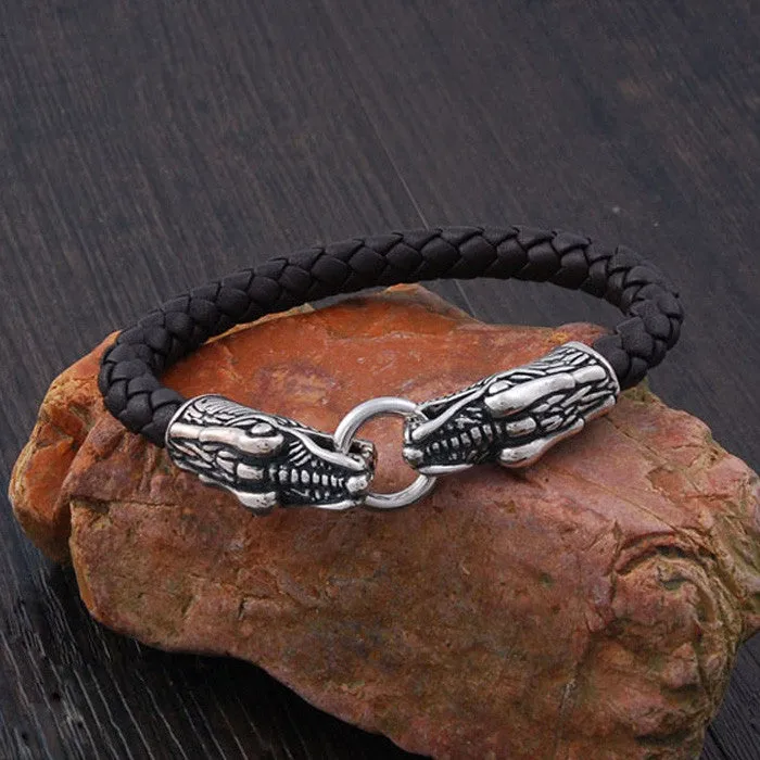 Vintage Fashion Black Leather Bracelet Antique Silver Plated Chinese Dragon Bracelet Men Jewelry Wristbands