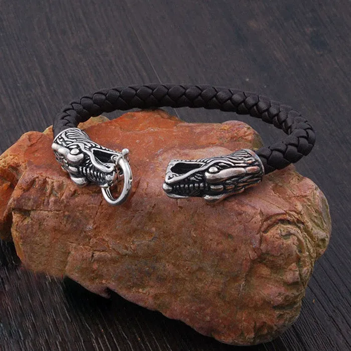 Vintage Fashion Black Leather Bracelet Antique Silver Plated Chinese Dragon Bracelet Men Jewelry Wristbands