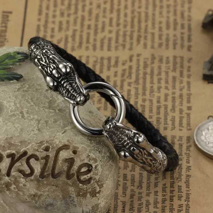 Vintage Fashion Black Leather Bracelet Antique Silver Plated Chinese Dragon Bracelet Men Jewelry Wristbands