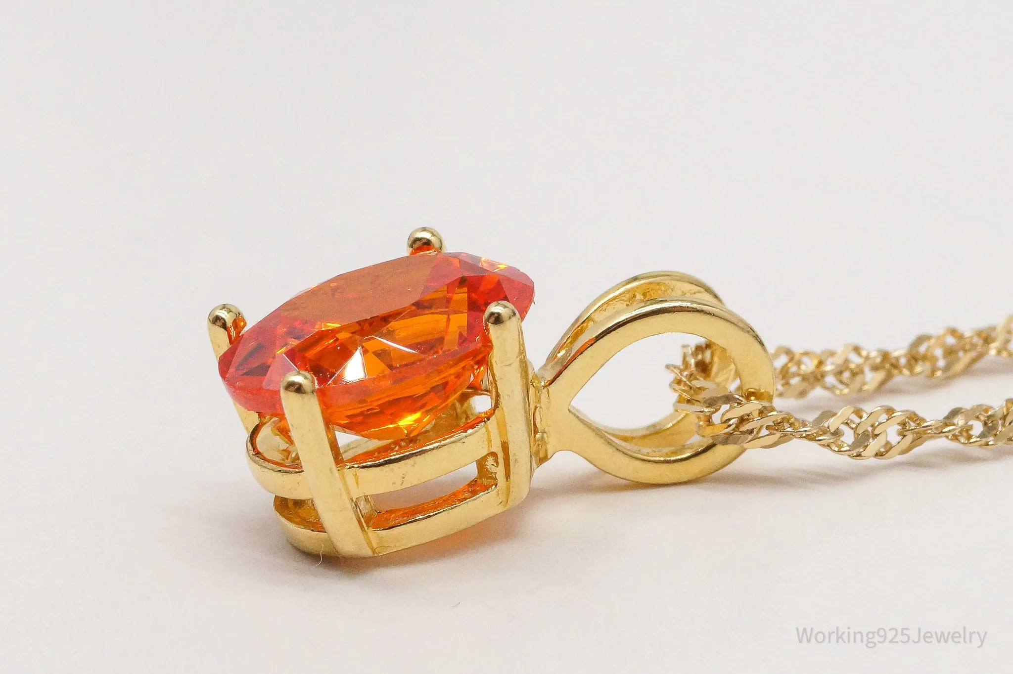 Vintage Fire Orange Cubic Zirconia Gold Vermeil Sterling Silver Necklace 18"