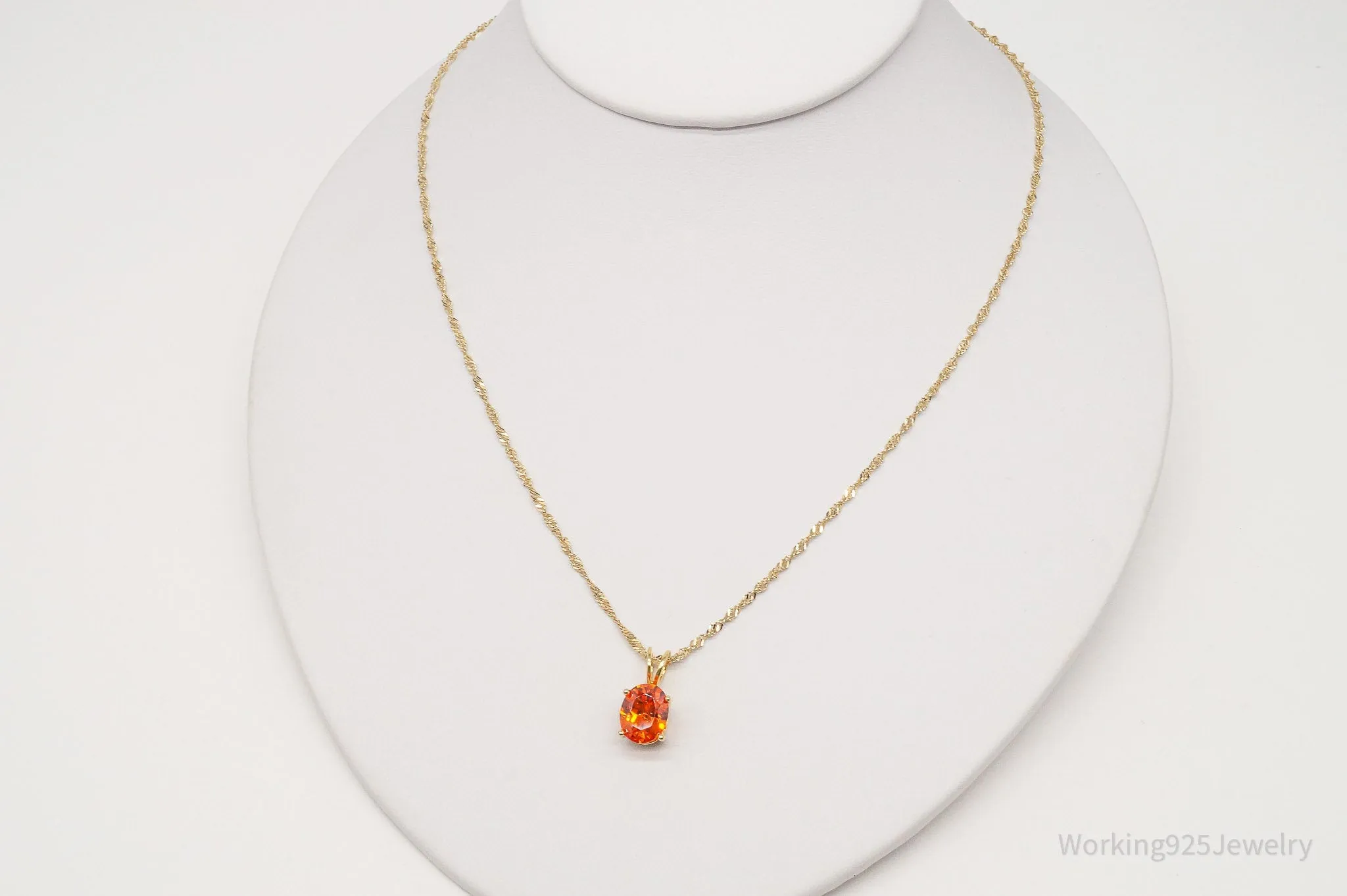 Vintage Fire Orange Cubic Zirconia Gold Vermeil Sterling Silver Necklace 18"