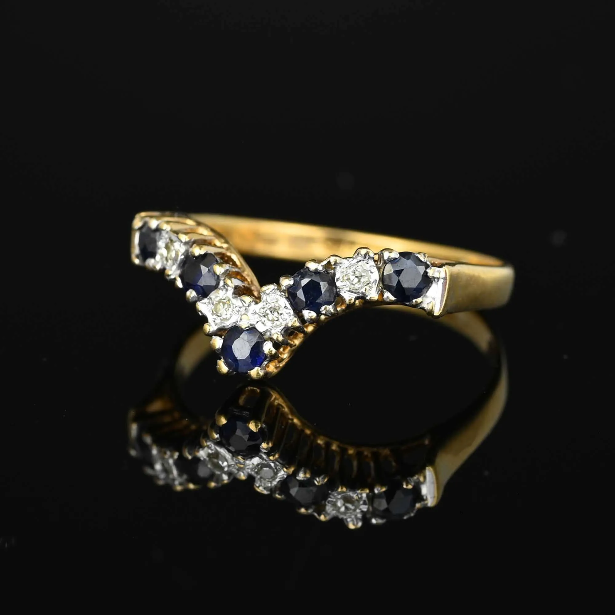 Vintage Gold Chevron Diamond Sapphire Ring