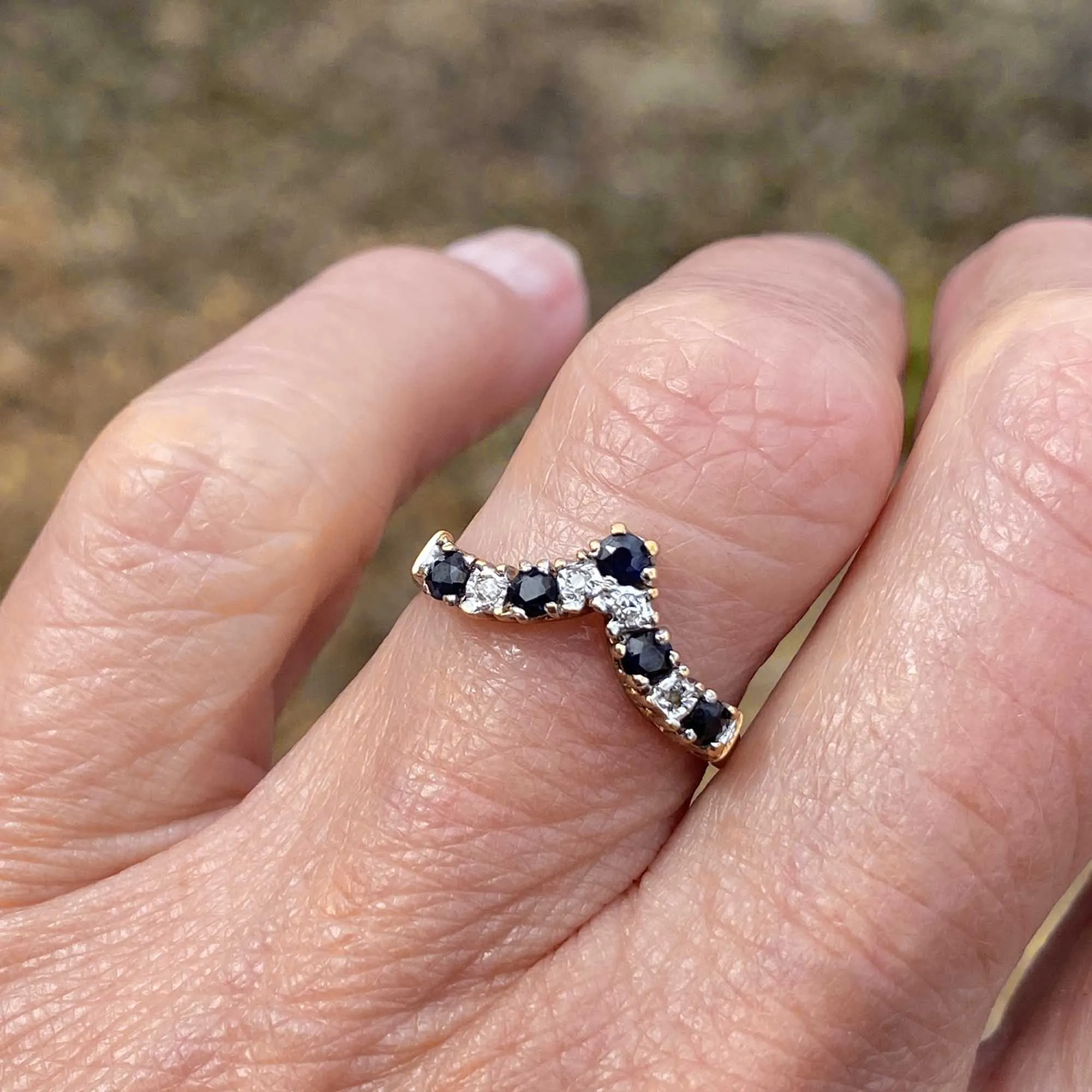 Vintage Gold Chevron Diamond Sapphire Ring