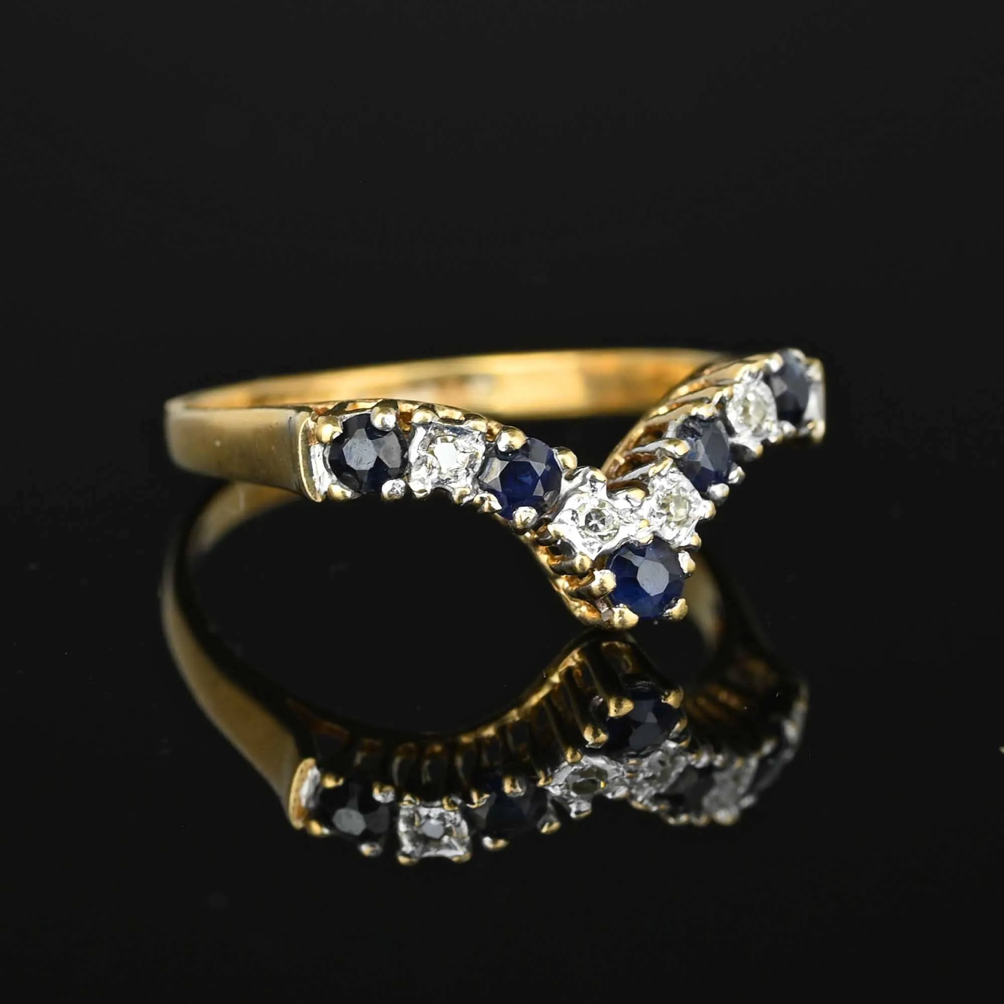 Vintage Gold Chevron Diamond Sapphire Ring