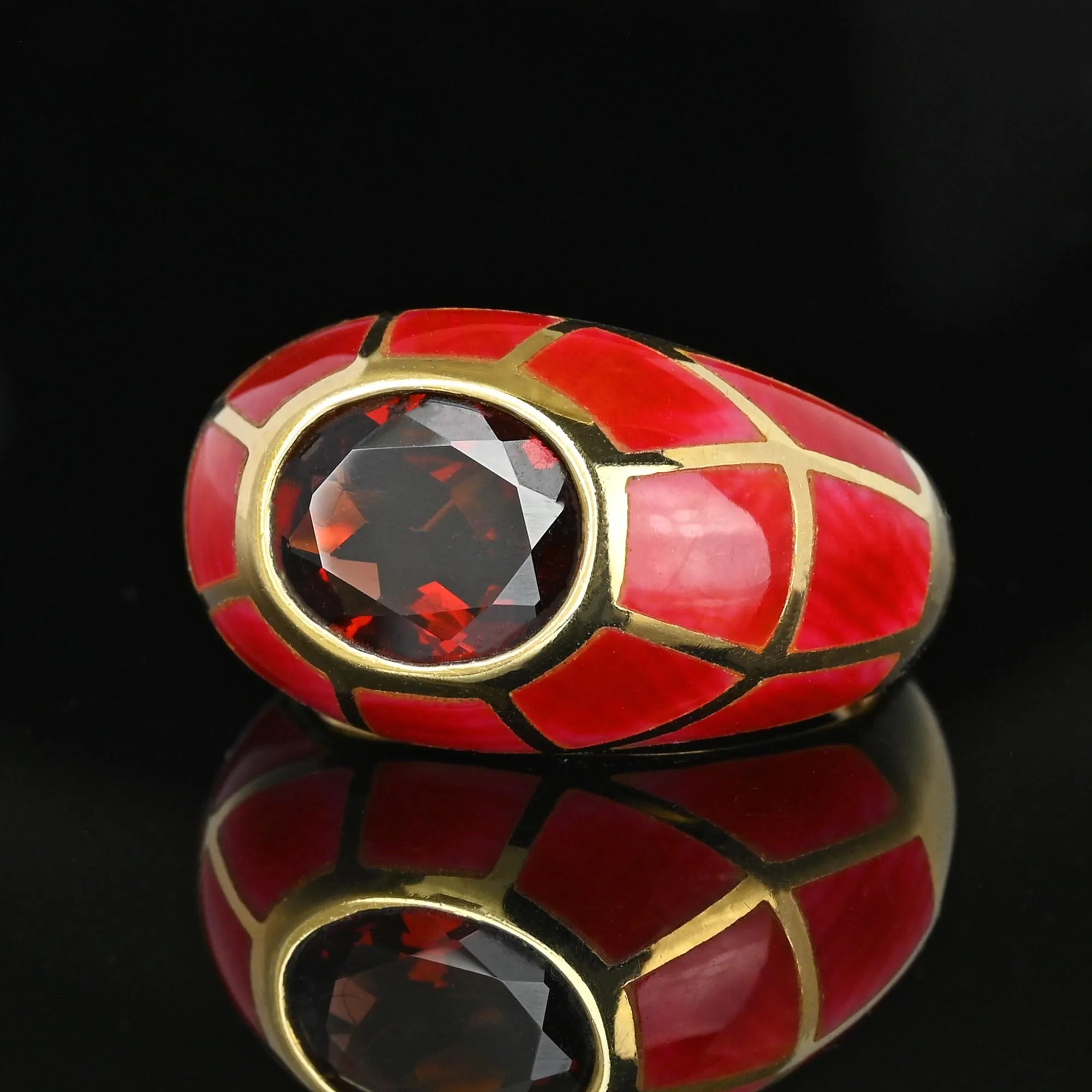 Vintage Gold Dome Red Enamel Garnet Signet Ring