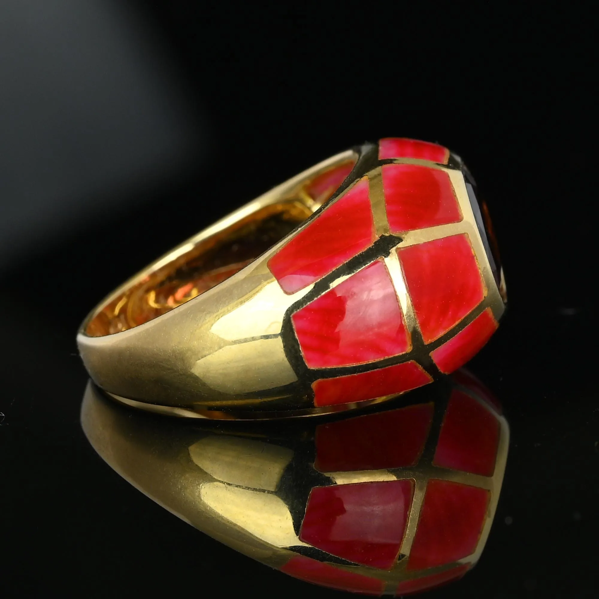 Vintage Gold Dome Red Enamel Garnet Signet Ring