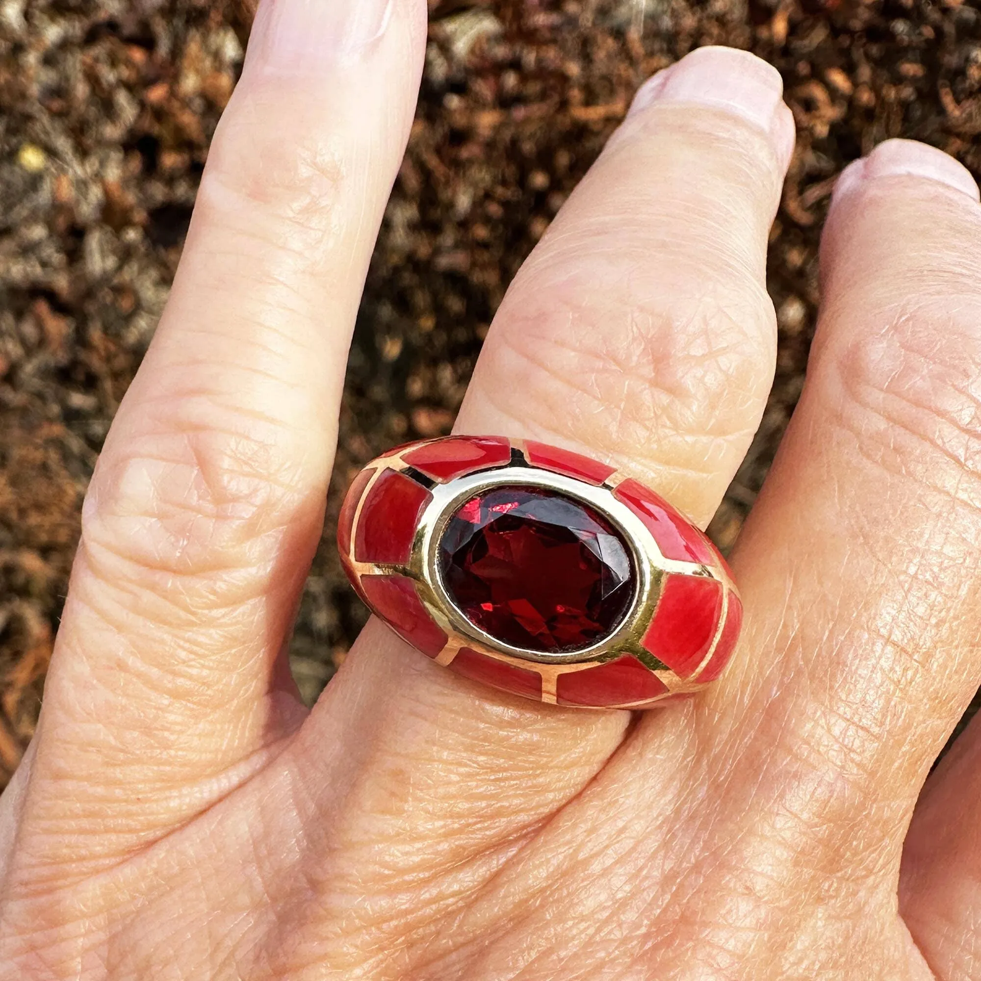 Vintage Gold Dome Red Enamel Garnet Signet Ring