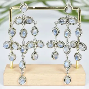 Vintage Rainbow Moonstone Chandelier 925 Sterling Silver Earrings