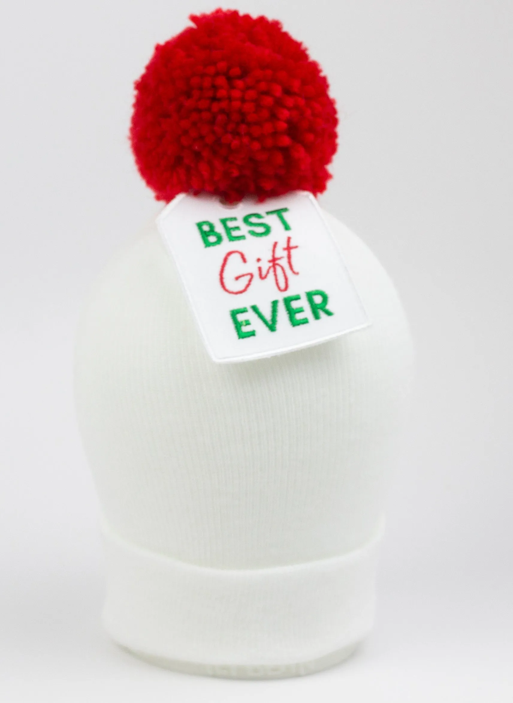 White Best Gift Ever Gift Tag Pom Pom Newborn Hospital Hat - Baby Christmas Hat