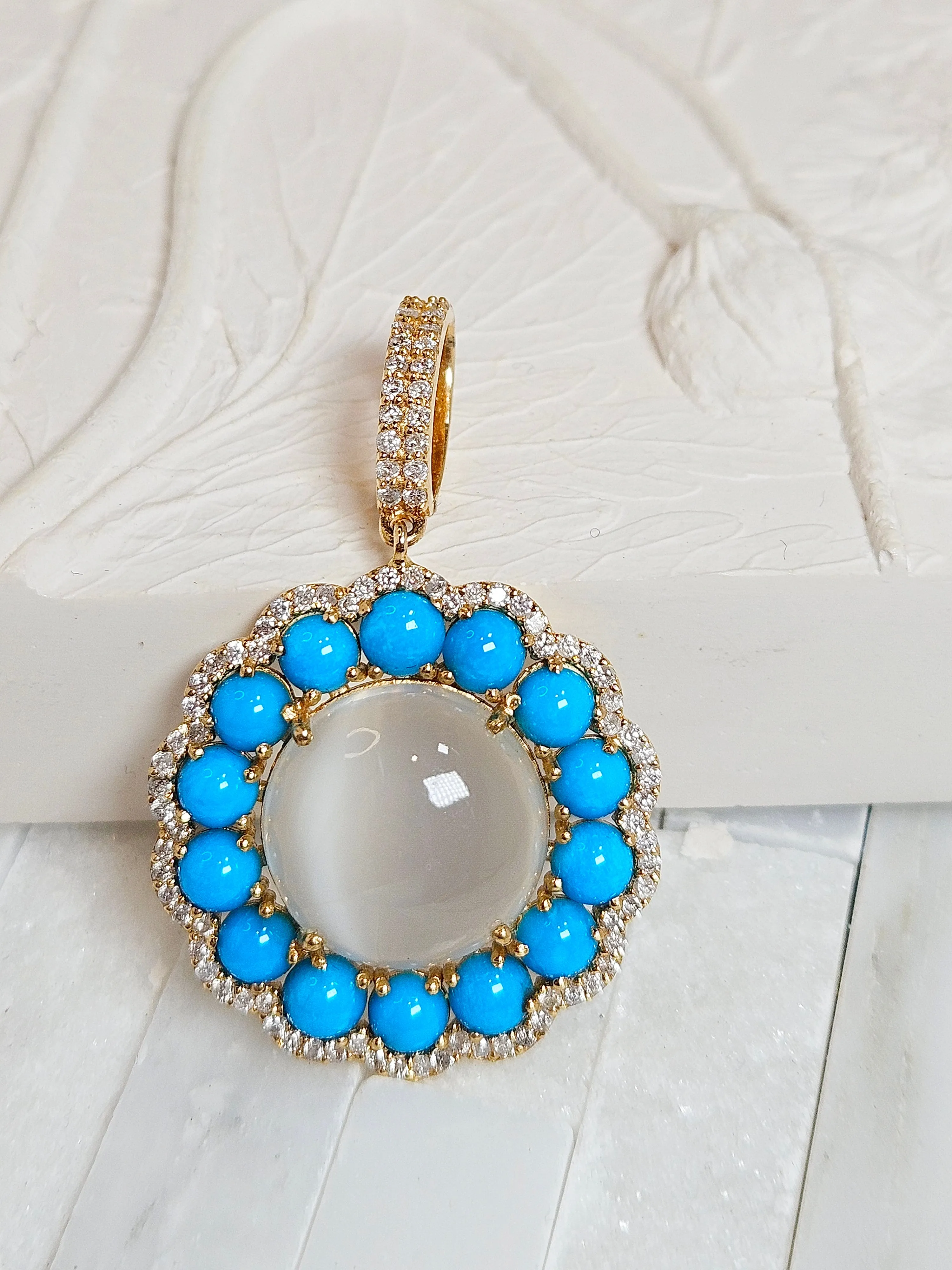 White Moonstone, Sleeping Beauty Turquoise Natural Gemstone Diamond 18K Yellow Gold Pendant