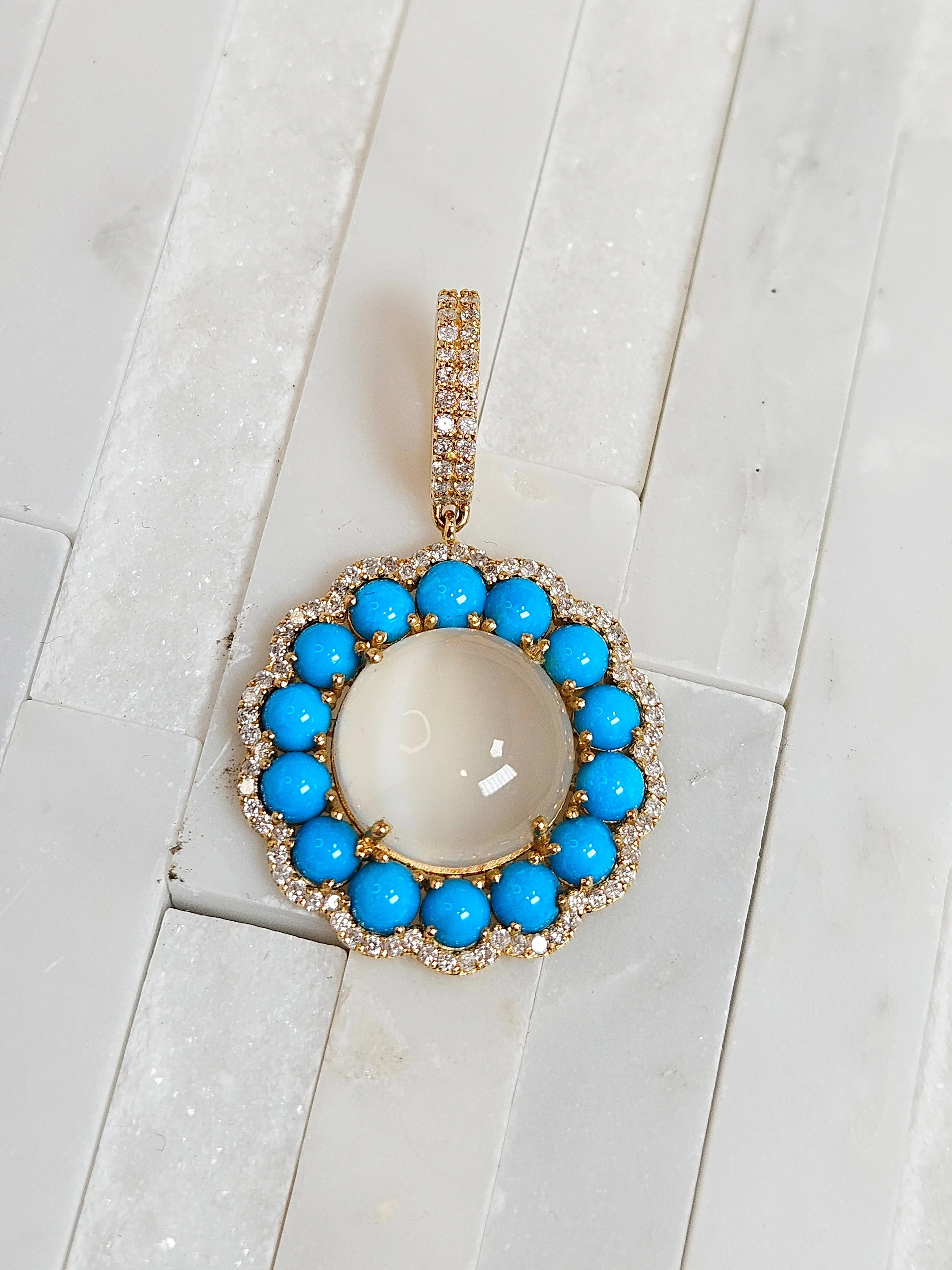 White Moonstone, Sleeping Beauty Turquoise Natural Gemstone Diamond 18K Yellow Gold Pendant