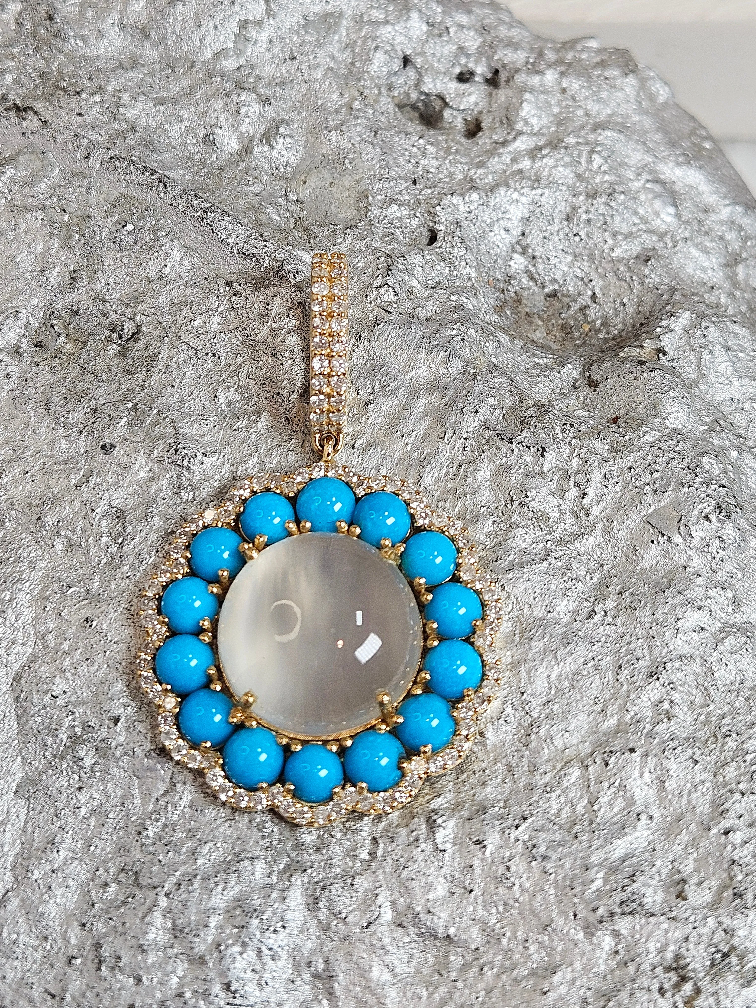 White Moonstone, Sleeping Beauty Turquoise Natural Gemstone Diamond 18K Yellow Gold Pendant