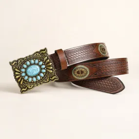 Women's Retro Western Square Turquoise Buckle Leather Belt