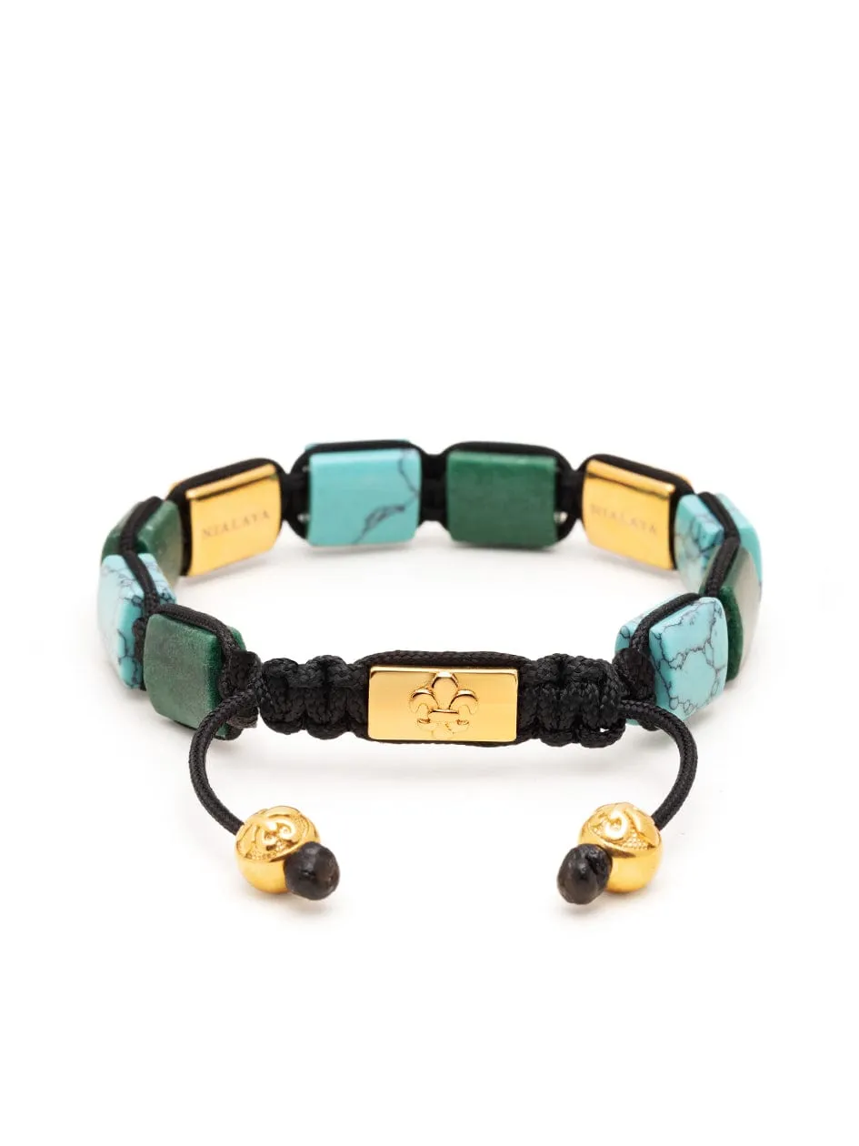 Women's Turquoise and Green Jade Flatbead Bracelet with Gold Plated Dorje