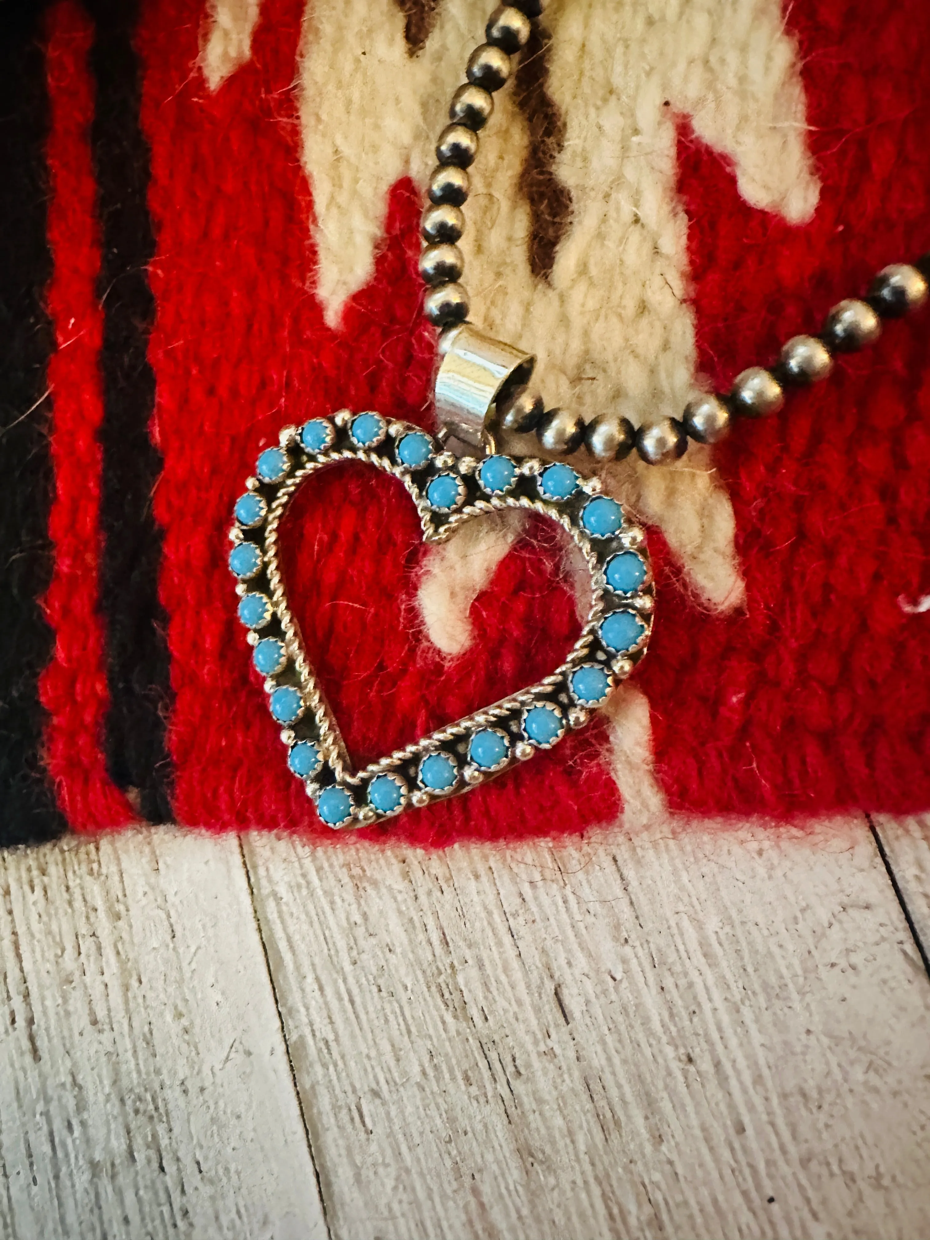 Zuni Sterling Silver & Turquoise Petit Point Heart Pendant