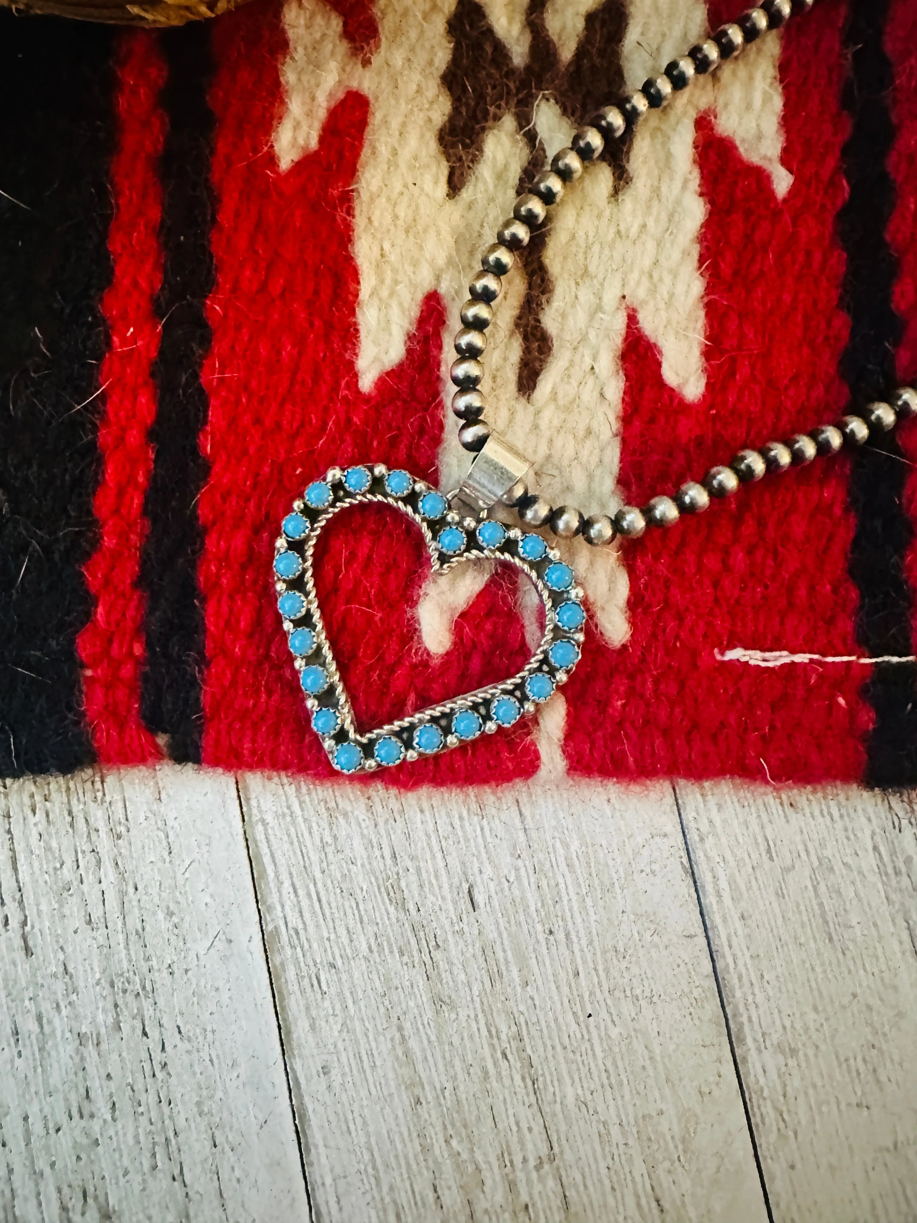 Zuni Sterling Silver & Turquoise Petit Point Heart Pendant